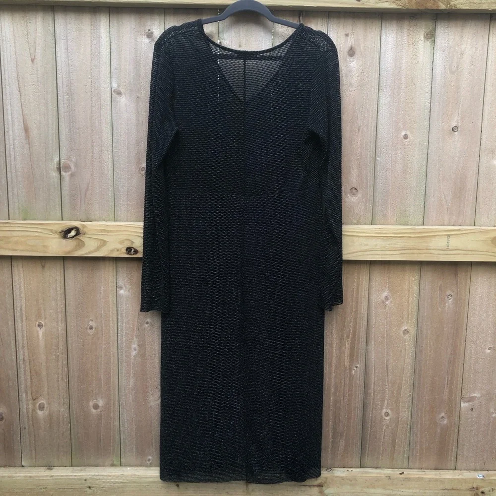 Zara Black Mesh Midi Dress Size L Long Sleeve Metallic Swim Cover V-neck Stretch - Picture 7 of 10